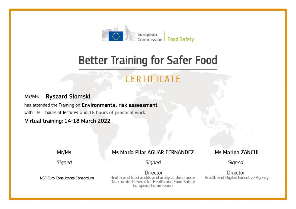 Certyfikat BTSF Environmental risk assessment